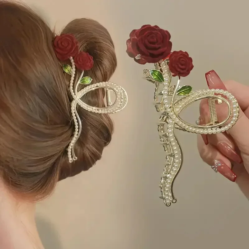 

13Cm rose grab clip pearl rhinestone decorative hairpin disc hair shark clip retro ponytail clip lover holiday gift women