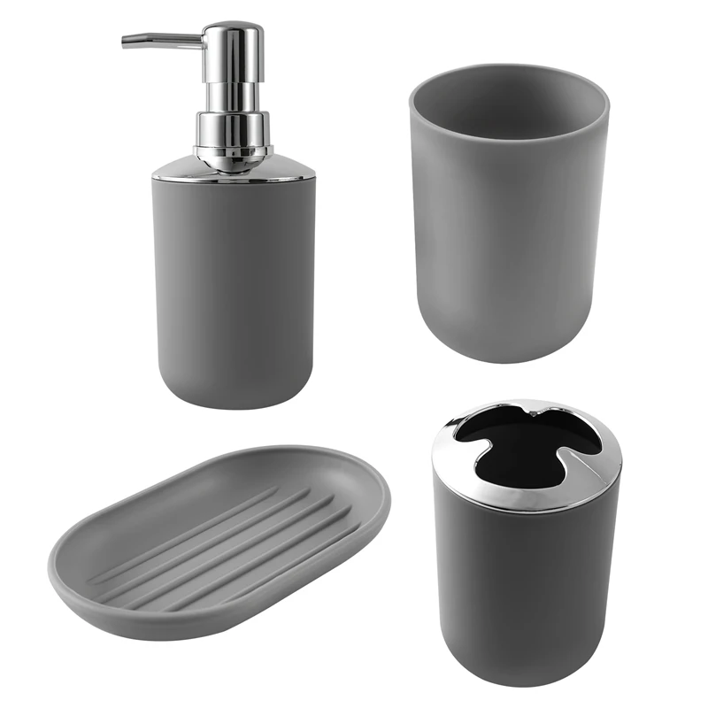 4 Pcs Plastic Bathroom Accessory Set,Bath Toilet Brush Accessories Set with Toothbrush Holder,Toothbrush Cup(Grey) [frki A79G]