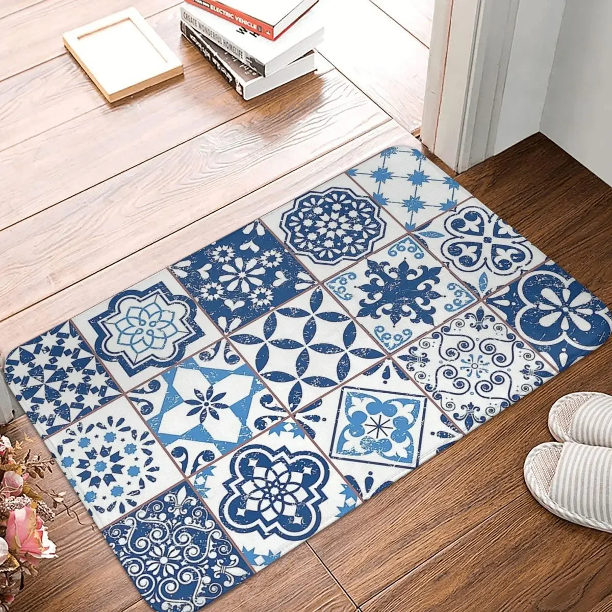 Portuguese Azulejos Doormat Rug Carpet Mat Footpad Polyester Non-slip Sand Scraping Entrance Kitchen Bedroom Balcony Toilet