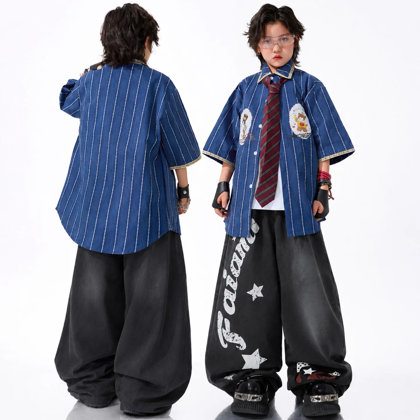 Kids Blue Loose Hip Hop Shirt Cool Street Dance Outfit Children Jazz Dance Catwalk Stage Performance Costume