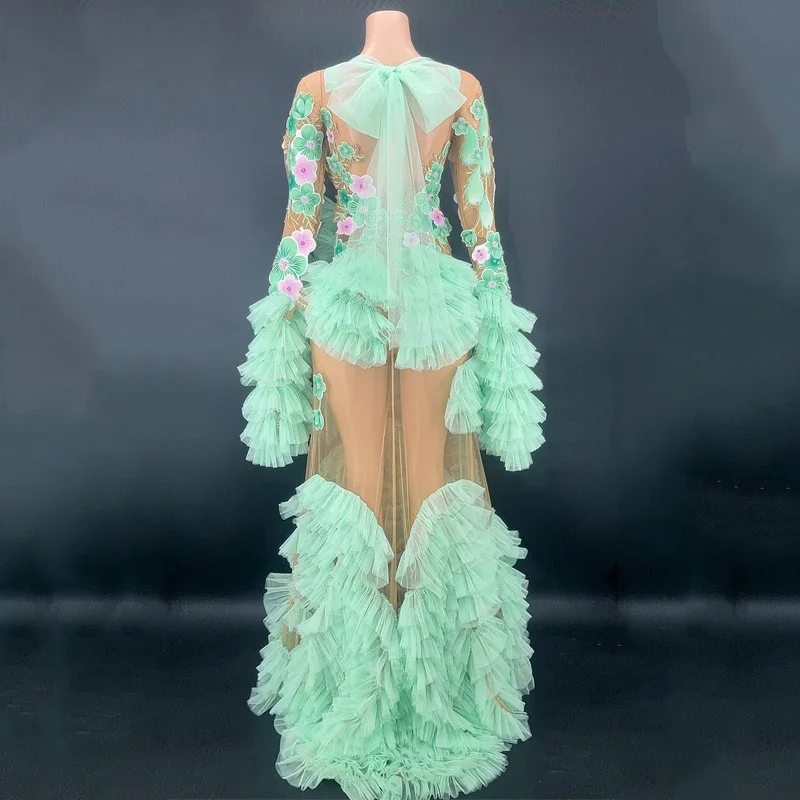 متعدد الألوان لزجة زهرة فستان طويل مثير الشاش زائدة مساء اللباس عيد ميلاد احتفال الزي المرأة المرحلة زي