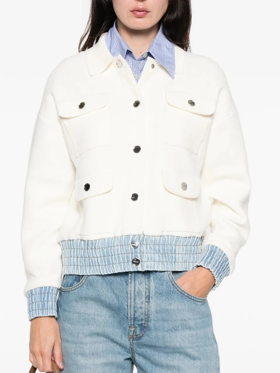 

S Home Early Spring 2026 Women's French Sle Jaet with Metal Bule Waist Cinching Collar Patchwork Denim Hem