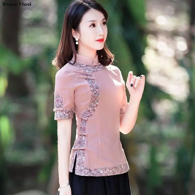 

Cheongsam Women's Tang Costume Tops 2023 Summer Cotton Blend Prints Splice Stand Collar Short Sleeve Chinese Style Qipao Shirts