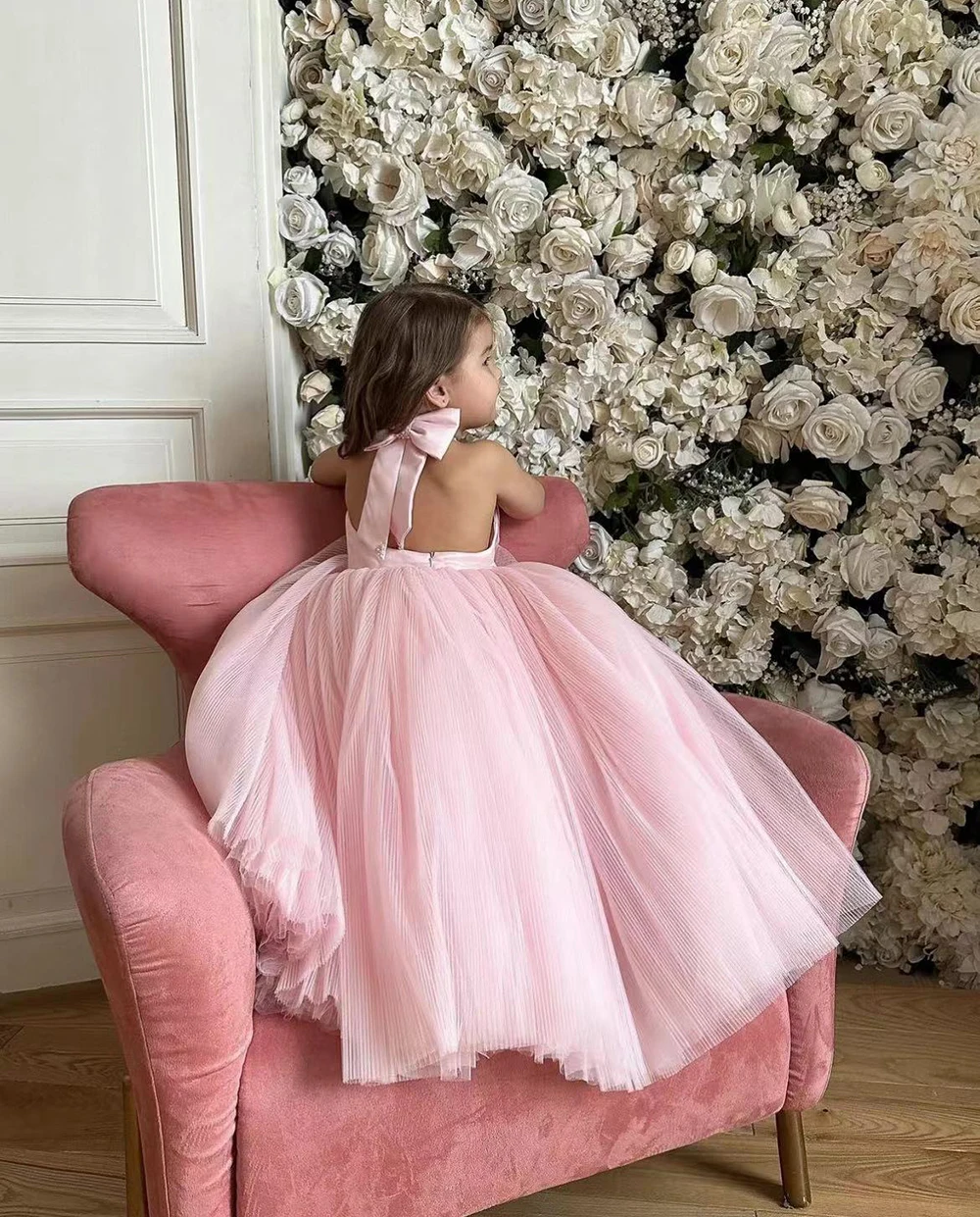 Vestido de tul rosa sin mangas para niña de las flores, vestido elegante sin espalda para boda, princesa para niño, primer vestido de fiesta de cumpleaños eucarista