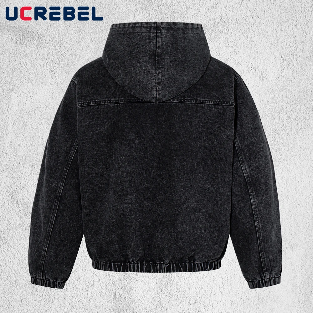 Button Decoration Denim Hooded Sweatshirts Mens Spring Retro High Street Washed Loose Long Sleeve Front Pocket Hoodies Man
