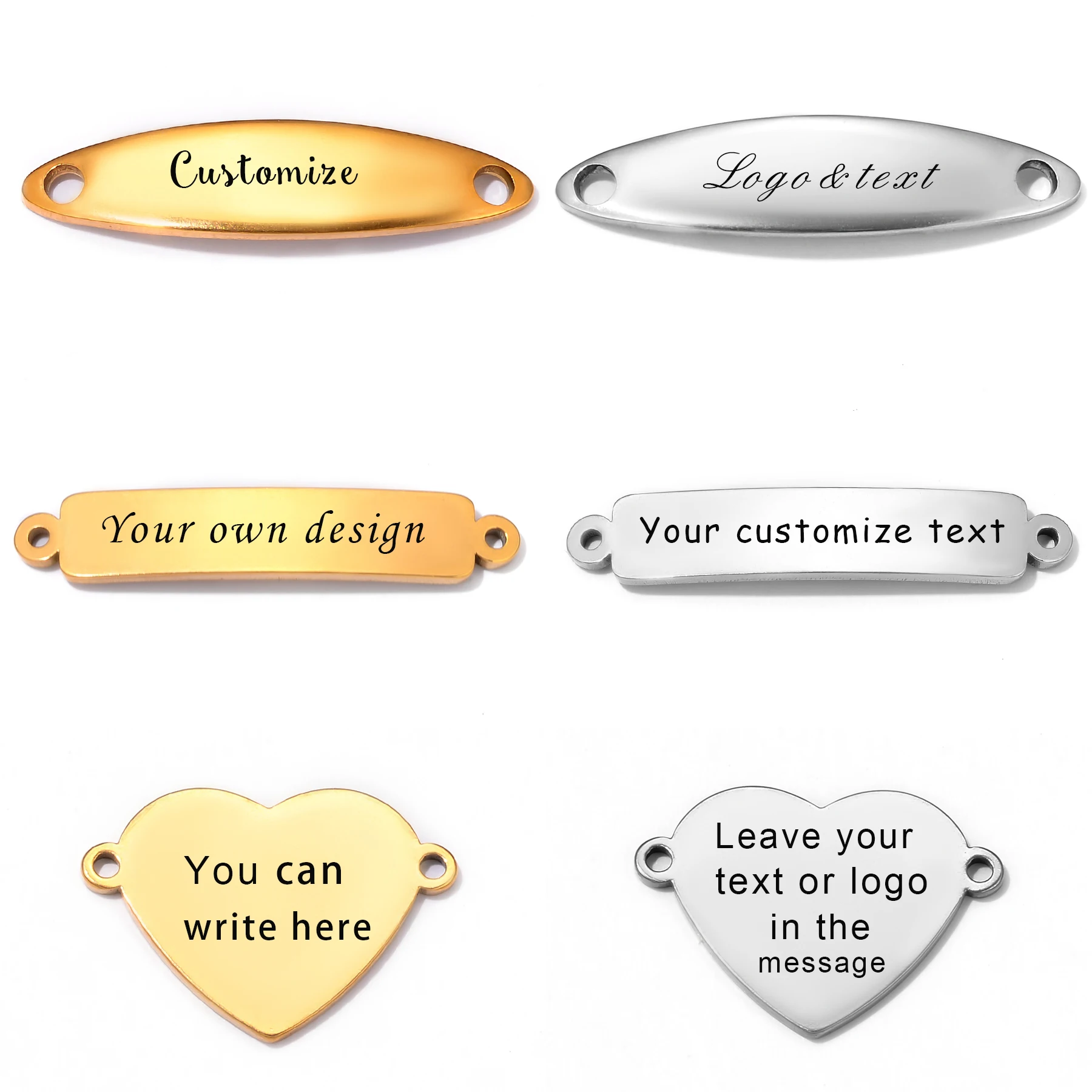 Customize Text Photo Logo 10pcs/lot Stainless Steel Two Hole Rectangle Heart Connector Stamping Charms For Bracelet Necklace