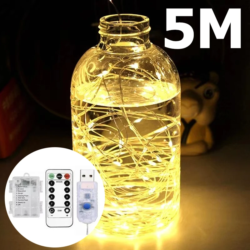5m usb operado led luz de fadas 3000k branco quente luzes da corda cobre alimentado por bateria ao ar livre decoração do jardim controle remoto