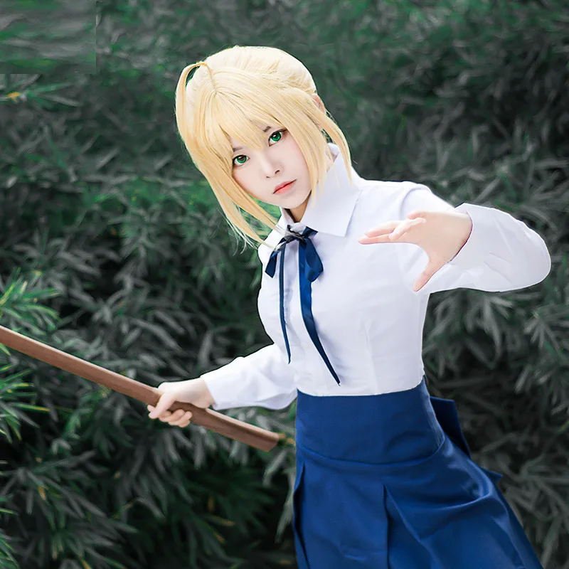 Anime Game Fate Stay Night Saber Altria Pendragon Cosplay Costume pour femme, perruque, jupe bleue, uniformes trempés, fête d'Halloween, perruques Outfis