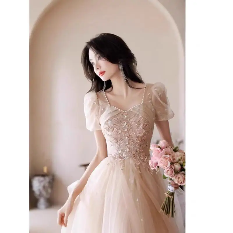 French U-shaped Evening Gown With Bubble Sleeves Princess Dress Annual Party Host Performance Outfit Banquet Chiffon Customized