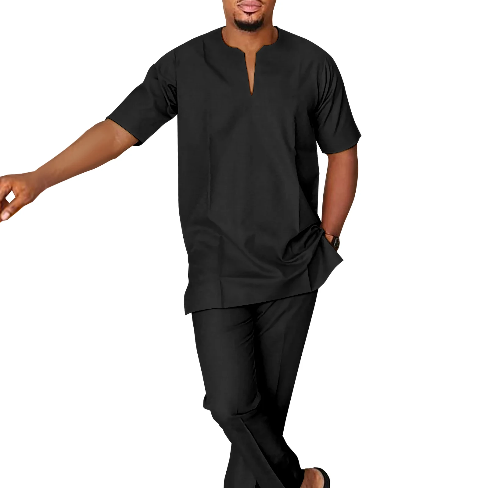 African American Men's Short Sleeve Shirt and Pants Casual 2-Piece Set for Wedding Party Potluck Work A2216165