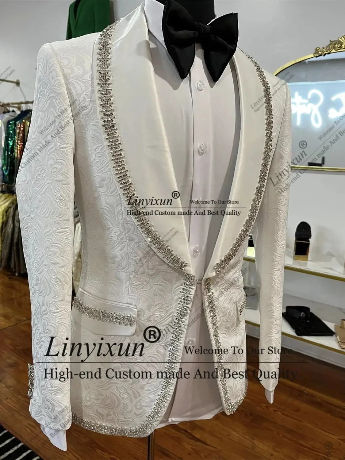 

Stunning Diamond Men Suits Shawl Lapel Groom Wedding Tuxedos 2 Pieces Sets Male Prom Blazer Customized Slim trajes para hombr