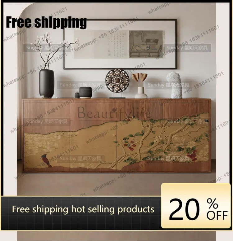 Three-dimensional painting new national style wood color dining side cabinet hand-carved painting cabinet