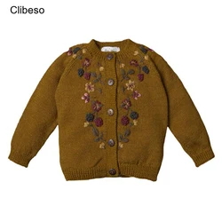 2024 Clibeso Girls Knitted Cardigan for Winter Kids Girl Vintage Boutique Knit Sweater Jacket Children Embroidery Sister Outfit