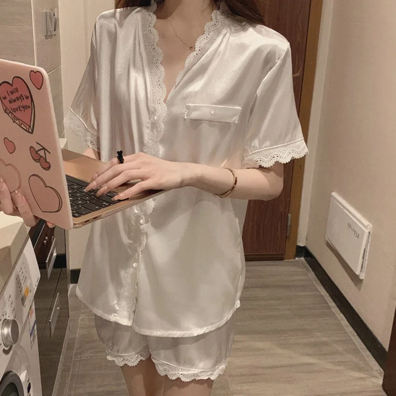 Two-piece Set Pajamas for Women Faux Silk Satin Female Sleepwear New Classy Short Sleeve Pyjamas Fashion Pijama Casual Homewear