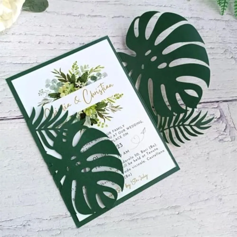

Emerage Green Laser Cut Invitation, Plame Wedding Laser Cut Jacket for 5x7 Card, Tropical Scene Wedding Invitation emerage gree