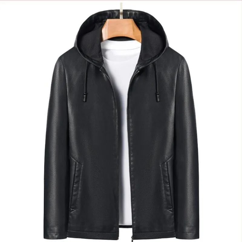 

Spring And Autumn Thin Men's Youth Leather Jacket Plus Velvet Hooded Casual Wear Fashion Available In Thickness