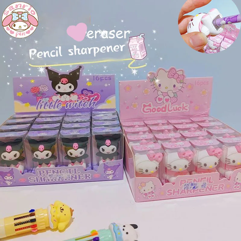 Sanrio Hello Kitty Kuromi Melody Pencil Sharpener Eraser 8/16pcs Creative Cartoon Kawaii Stationery Cute Students School Supply