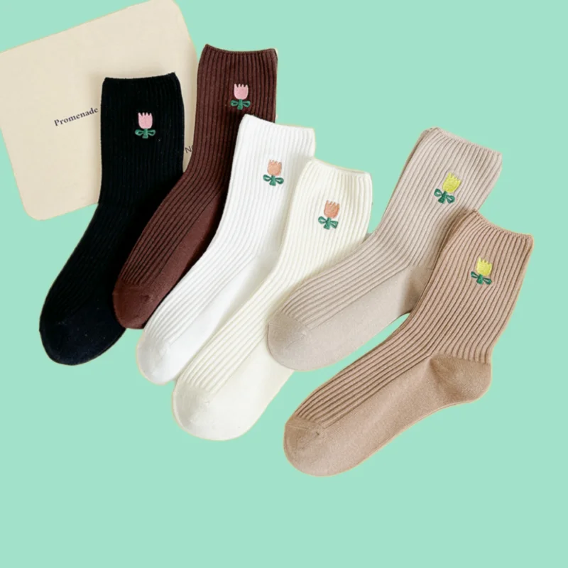 

6/12 Pairs High Quality Double Needle Mid-tube Women's Socks Solid Color Cotton Socks Embroidered Trendy Socks Brown Socks