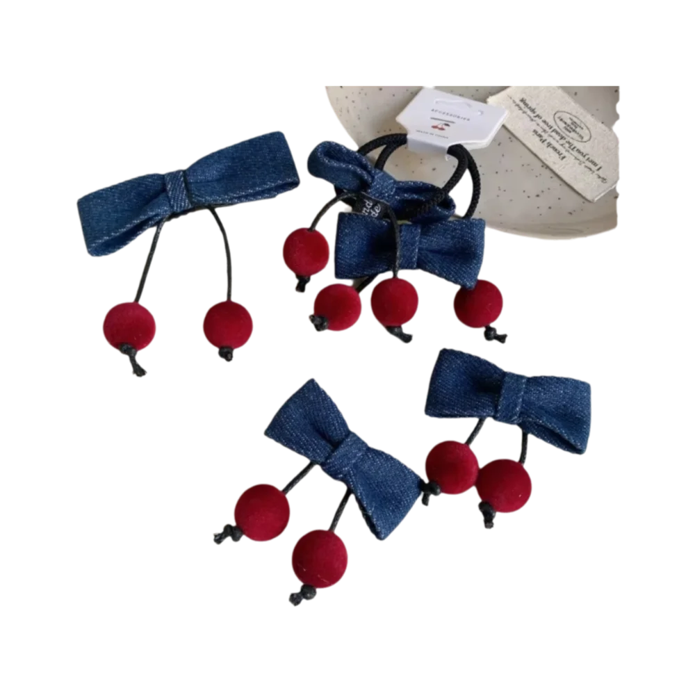 

Korean Version of Denim Fabric Children's Hairpin Girl Hair Band Cherry Bow Side Duckbill Clip Hair Accessories Headgear Hairpin