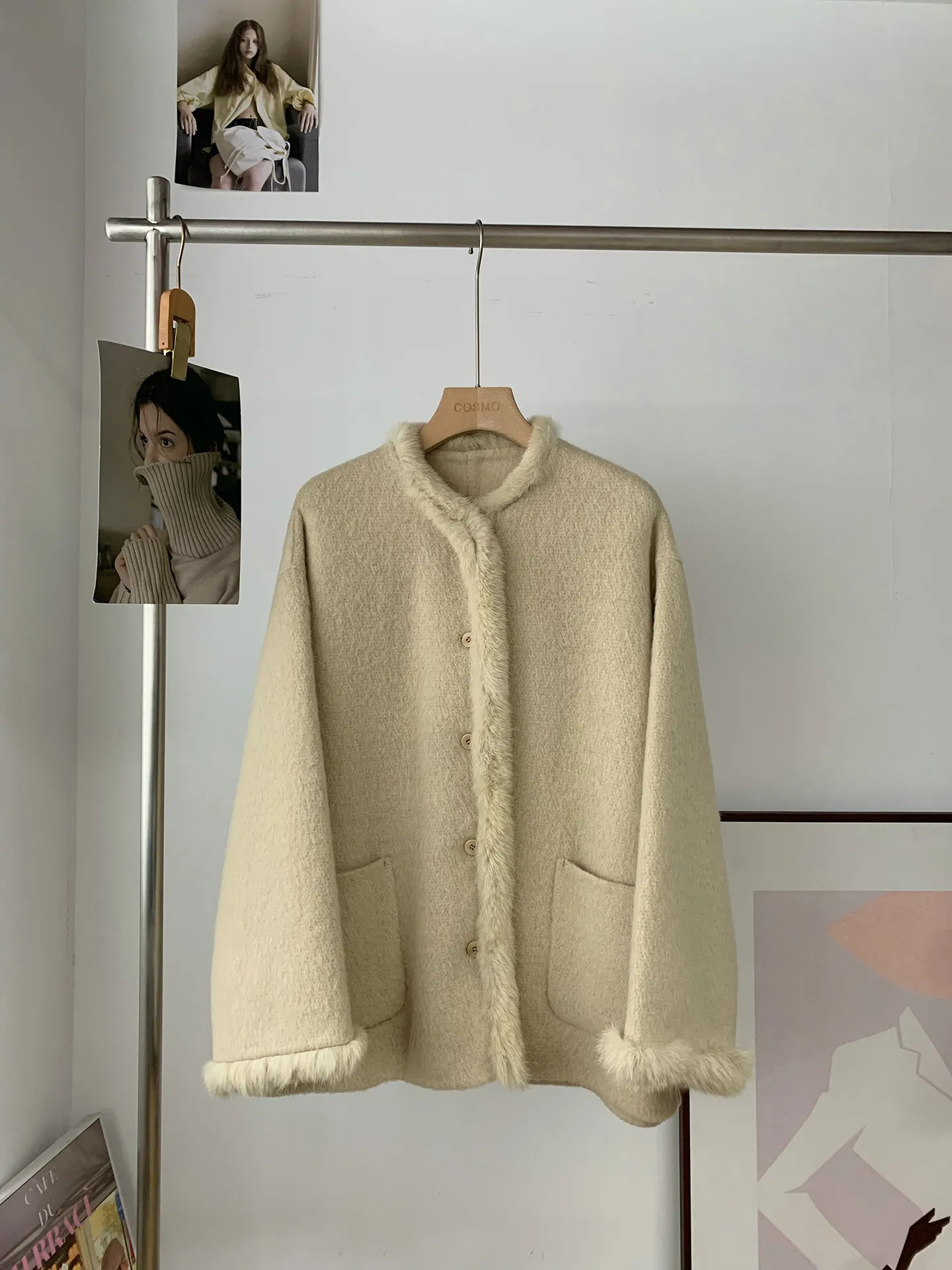 Korean Style Hand Sewn Premium Double Face Alpaca Wool Coat Womens Short Rabbit Fur Trim Spliced Woolen Jacket Winter Outerwear