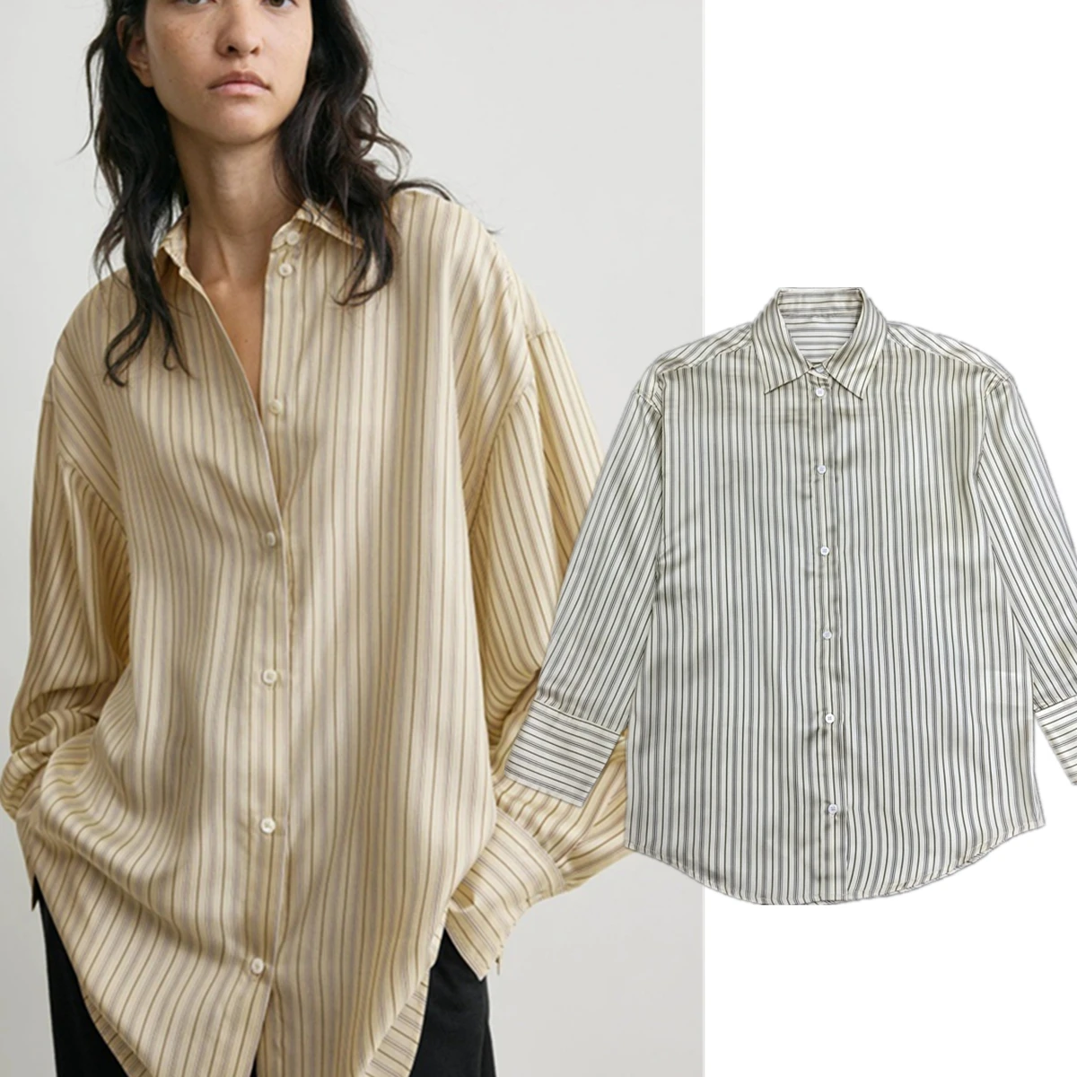 

Женская блузка Maxdutti OL 2026: Минималистичная желтая полосатая рубашка, модная элегантная атласная женская рубашка, женская одежда