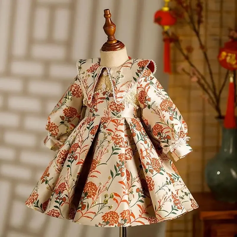 Girls Summer Formal Occasion Dresses First Birthday Party Dress for Kids Girl Children Luxurious Floral Print Beading Ball Gown