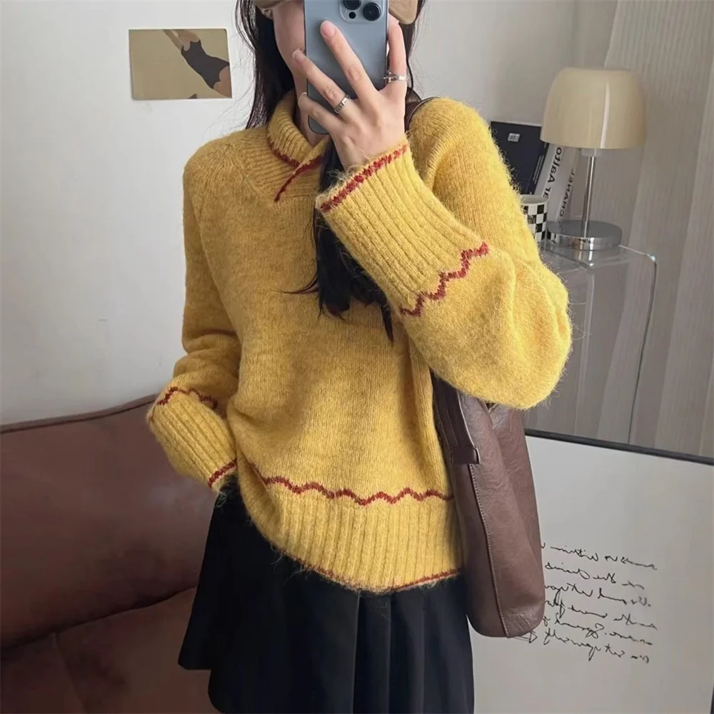 

Autumn Winter Lazy Style Soft Cozy Unique Design FashionableYellow Long Sleeve Sweater Women's Loose Comfortable Knitted Top