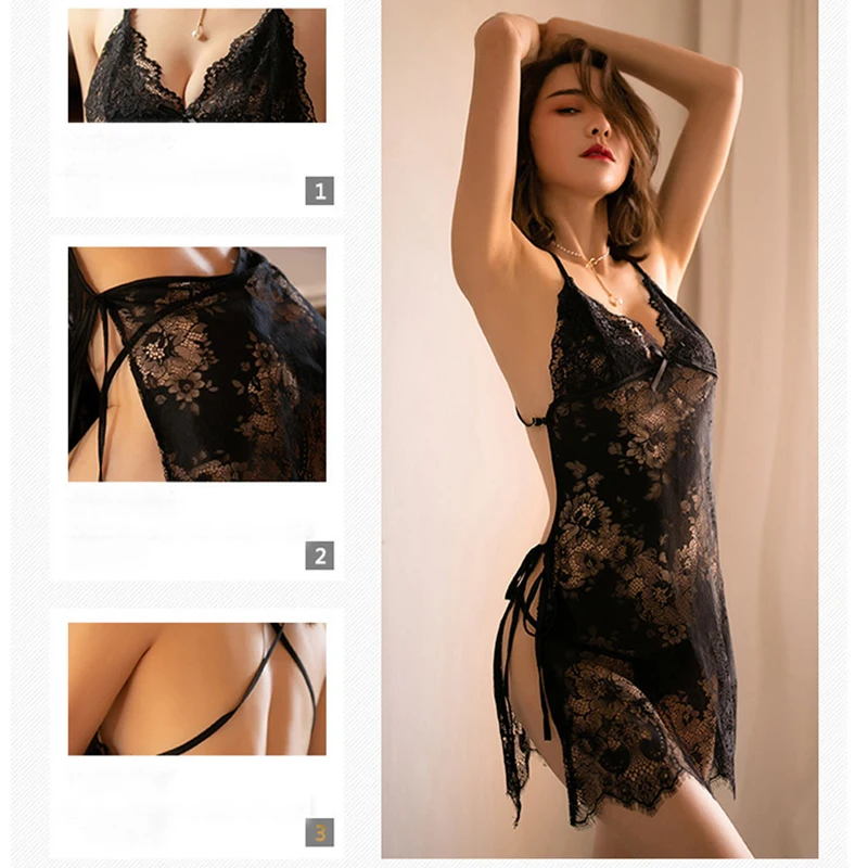 Backless sexy underwear sexy pajamas seductive transparent lace halter Shapewear jumpsuit Hollow perspective nightdress pajamas