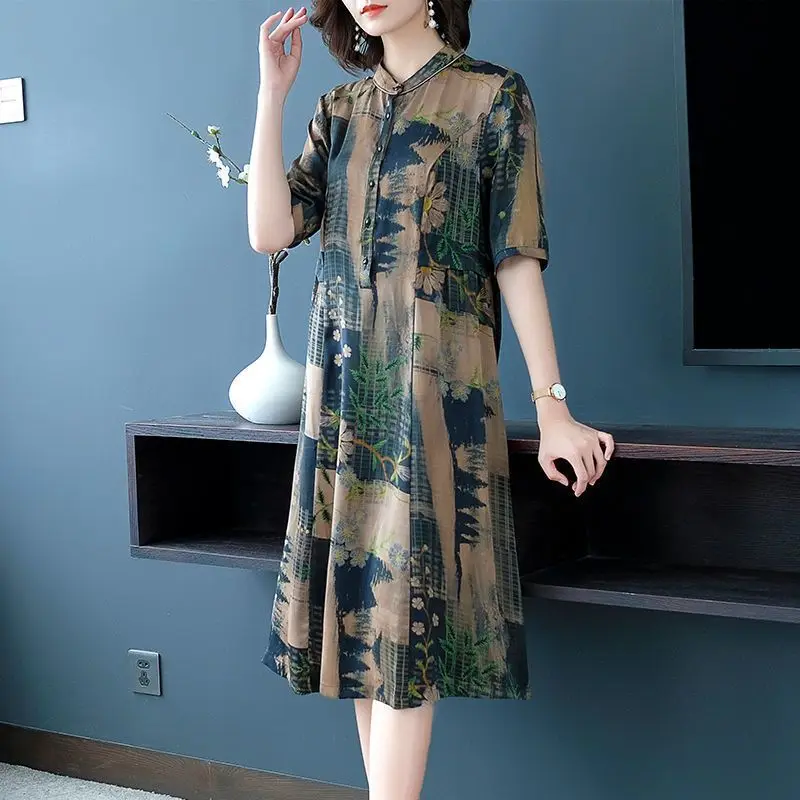 

Folk Vintage Printed Midi Dress Stylish Distressed Button Female Clothing Half Sleeve Summer Loose Casual Stand Collar Dresses