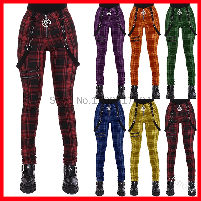 2023 Mode Gothic Geruite Bandbroek Voor Dames Hoge Taille Punk Rits Ontwerp Casual Strakke Lange Broek Hip Hop Streetwear Broek