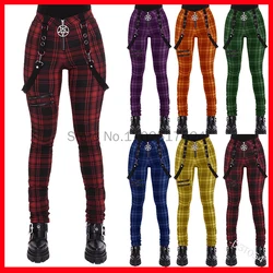 2024 Fashion Gothic Plaid Strap Pants For Women High Waist Punk Zipper Design Casual Tight Long Pants Hip Hop Streetwear Trouser