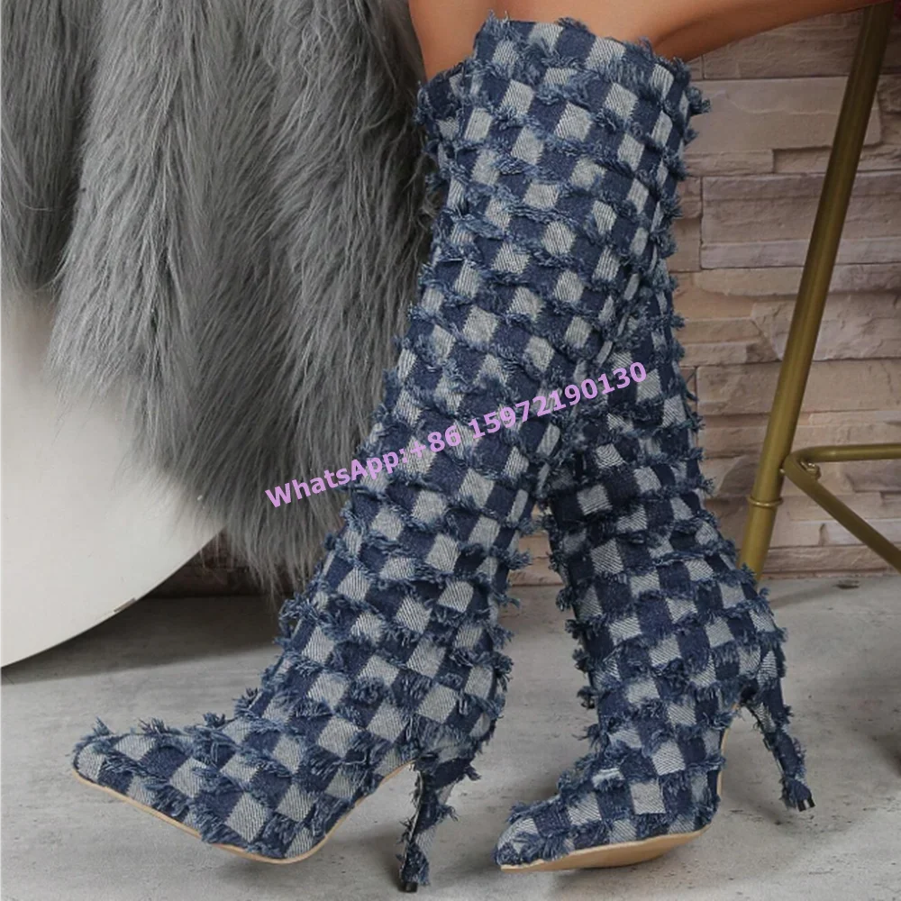 

Denim Blue White Check Boots Fringe Distress Pointy Toe Slip On Patchwork Shoes Women's Fashion Sexy Runway Unique Design Boots