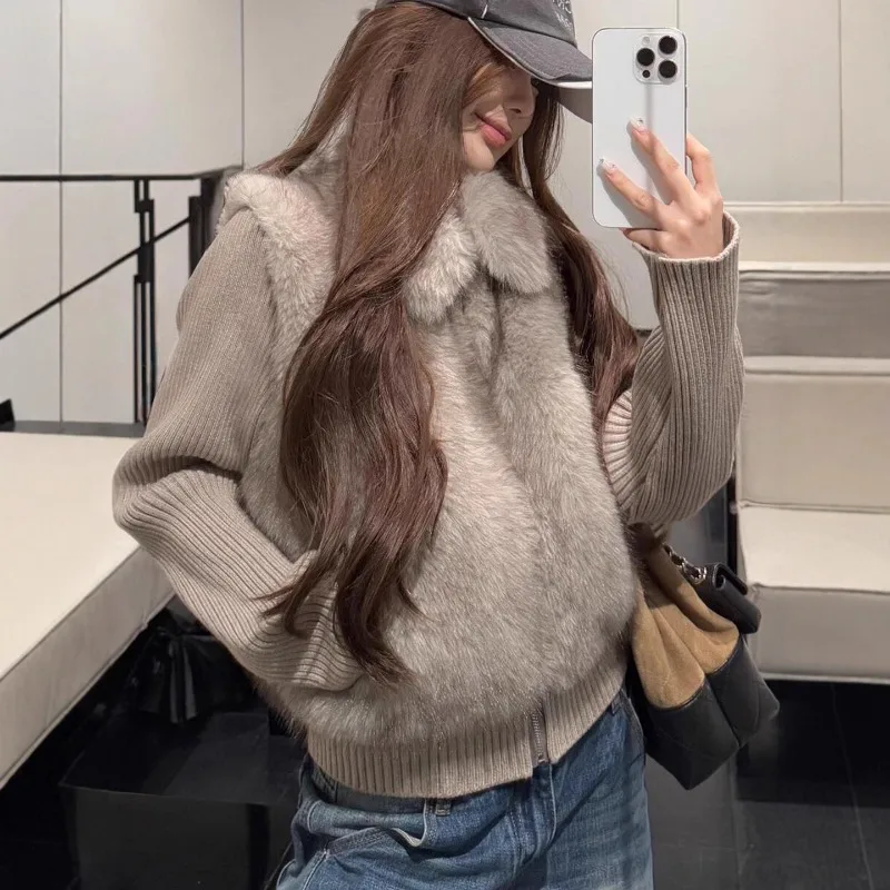 Women 2‑In‑1 Faux Fur Vest Knit Sweater Set Detachable Furry Collar Sleeveless Gilet Ribbed Long Sleeve Knitted Jumper Casual