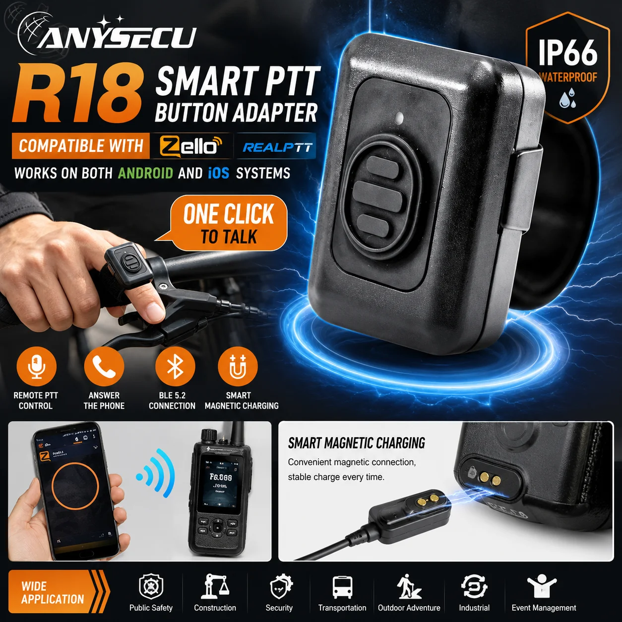 Walkie-Talkie IP66 PTT Button Adapter 2PCS for REAL/ZelloPTT PTT Remote Control with Answer, Smart Magnetic Charging iOS Android
