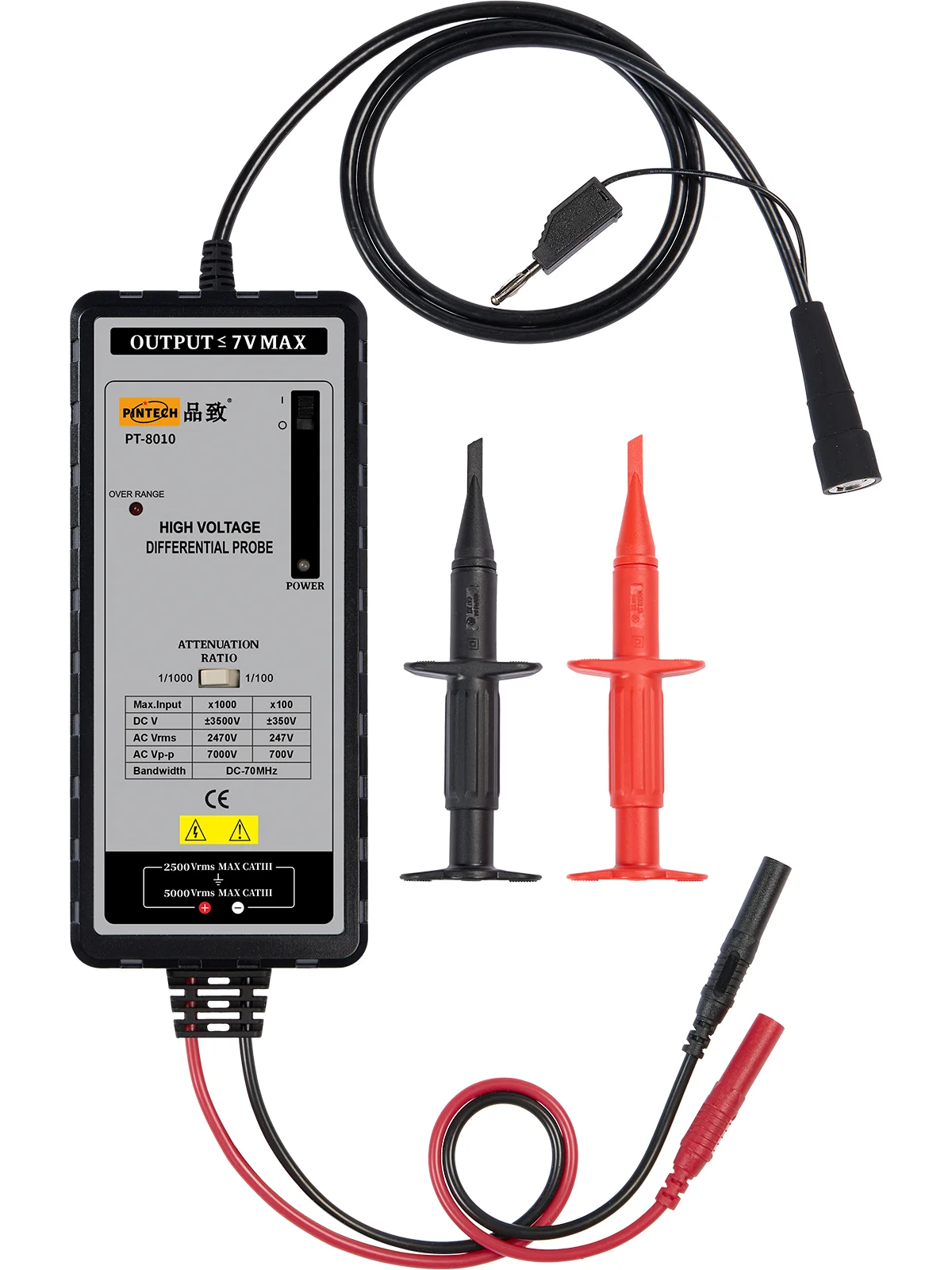 PINTECH PT-8010 Oscilloscope Differential Probe 7000V, 70MHz, 100X/1000X Attenuation Rate Oscilloscope Probe with BNC Interface