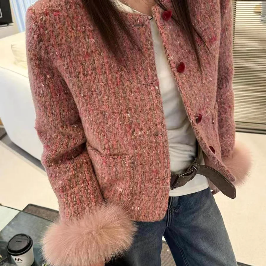 

Small Frangant Pink Woolen Tweed Coat Stand Collar Spring Autumn Winter Jacket New Style Fashionable Quilted Jacket for Women
