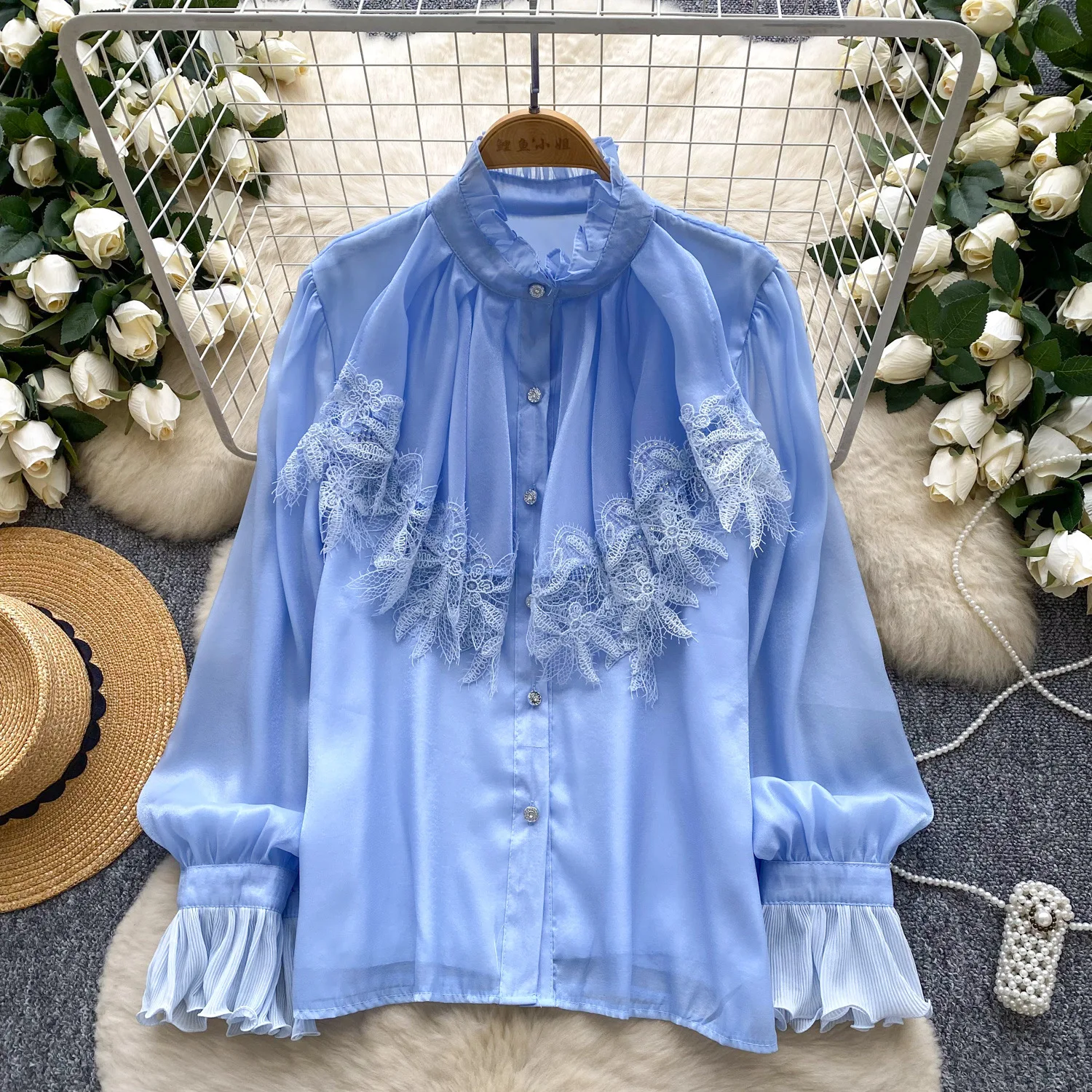 

Shirt Women Blouse Lace Folds Full Sleeve Turn Down Collar Casual Shirts Single Breasted Solid Tops Elegant Lady Autumn 2025
