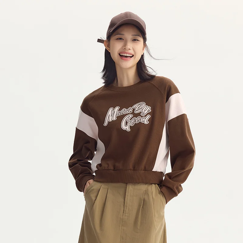 Semir Sweatshirt Women Short Oversize Letter Embroidery Fashion Pullover Autumn Round Neck Color-Blocking Retro Clothes