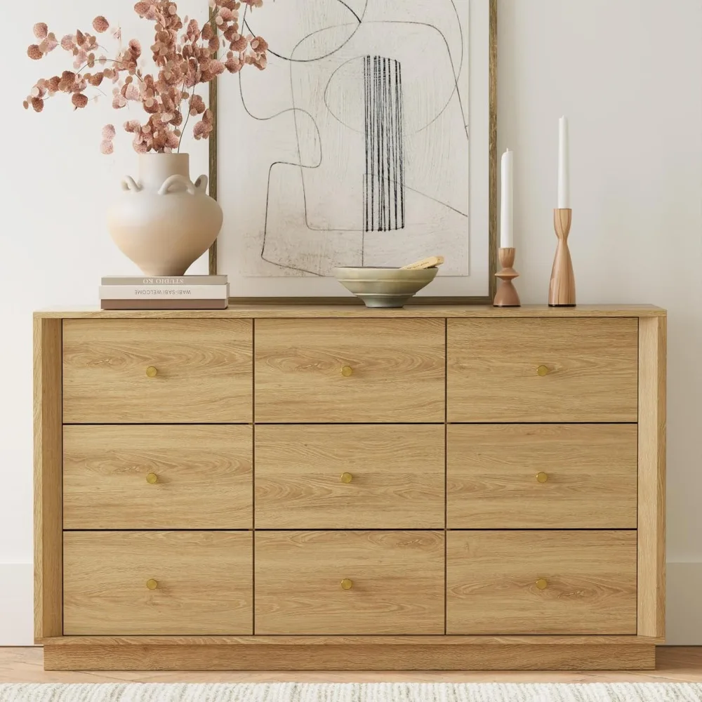 

9-drawer vanity with storage space, 55 wide drawer cabinet, wood grain texture