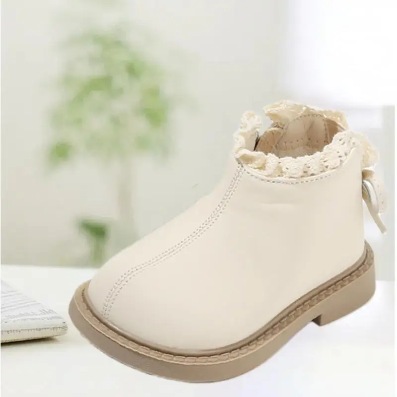 High Quality Solid Lace Ruffles Boots For Toddler Girls,Back Zip Fashion Ankle Boots For Little Princess,Patent leather Shoes