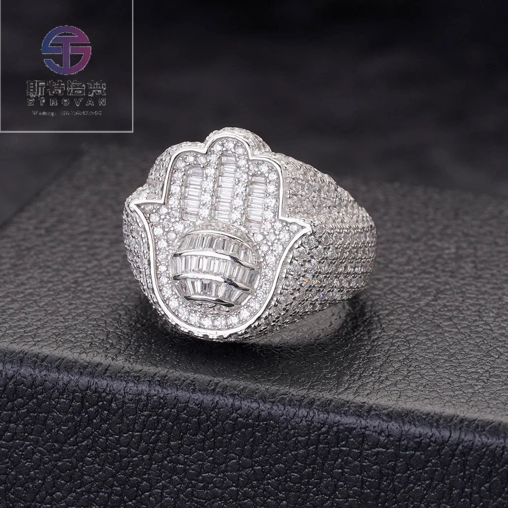 

Wholesales Price 925 Sterling Silver Cubic Zirconia Fatima Muslim Hamsa Hand Rings for Mens