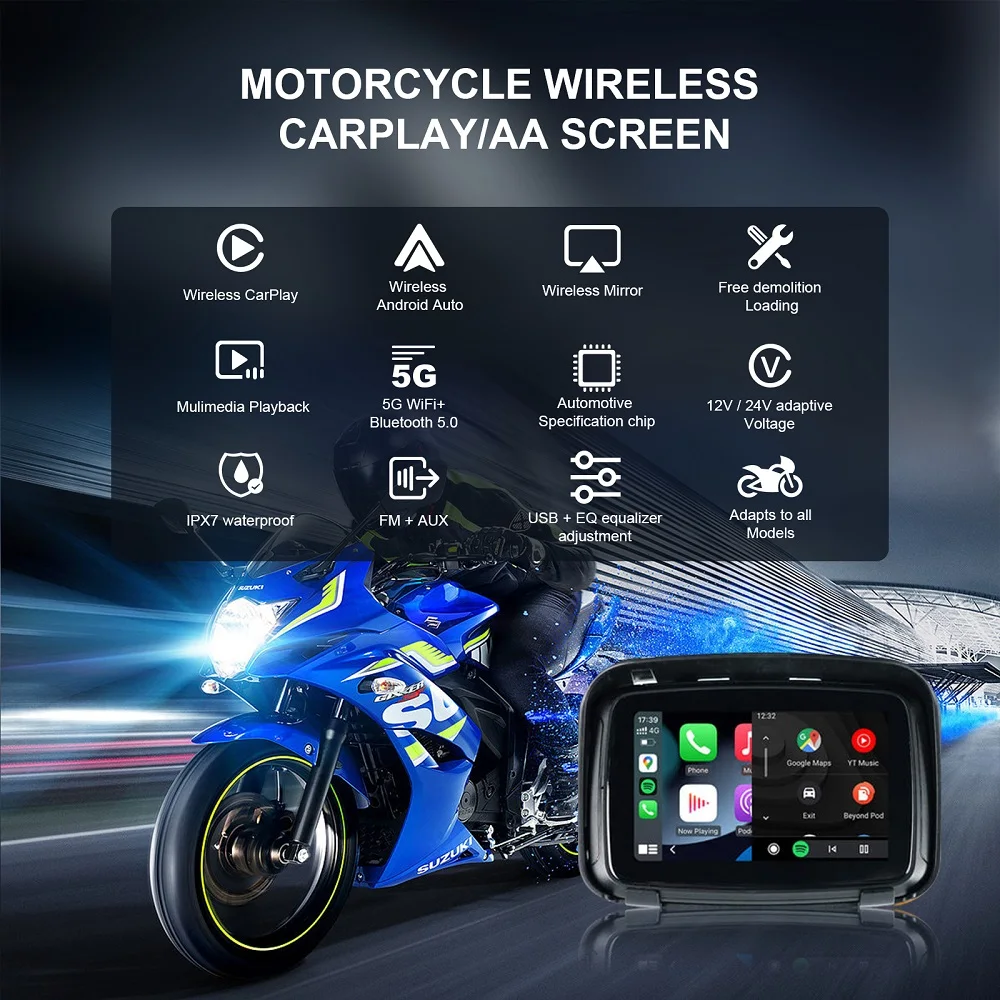 5 Inch Motorcycle Wireless For Apple Carplay Android Auto Portable Navigation GPS Screen IPX7 Motorcycle Waterproof Display