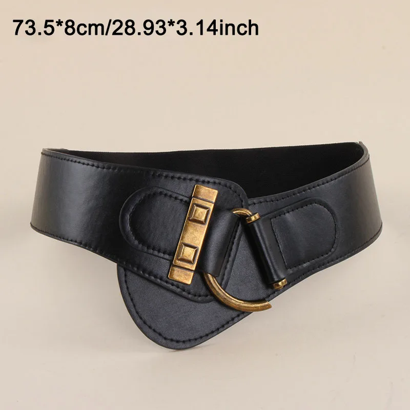 1 cintura larga con fibbia in metallo elegante cintura elastica in PU tendenza da donna, design elegante e leggero per abiti, cappotti e abiti