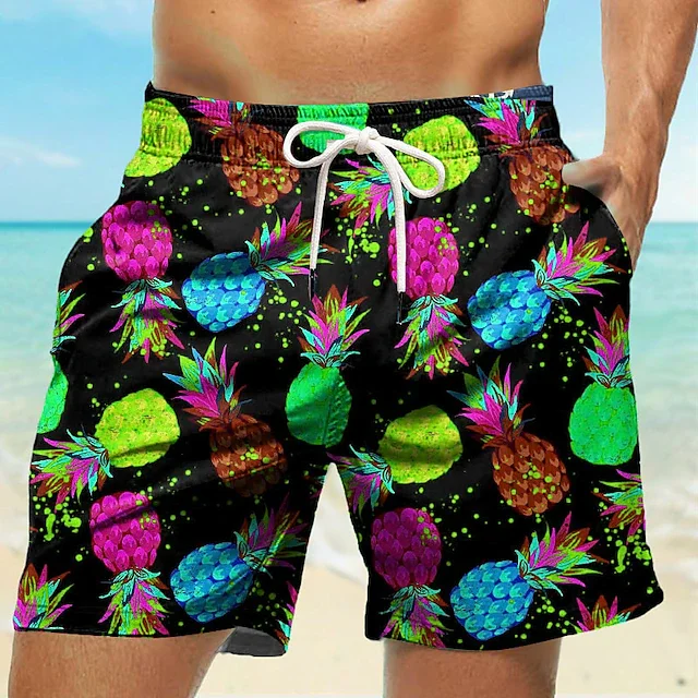 Summer Men's Board Shorts Swim Shorts Swim Trunks Drawstring Pineapple Quick Dry Short Holiday Beach Hawaiian Micro-elastic