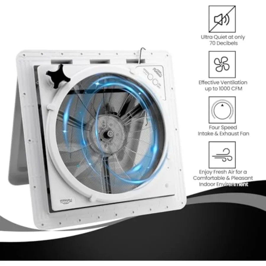 RV roof vent fan for USA use, ABS plastic, white, 12-volt reversible 4-speed with touch controls and manual operation view 2