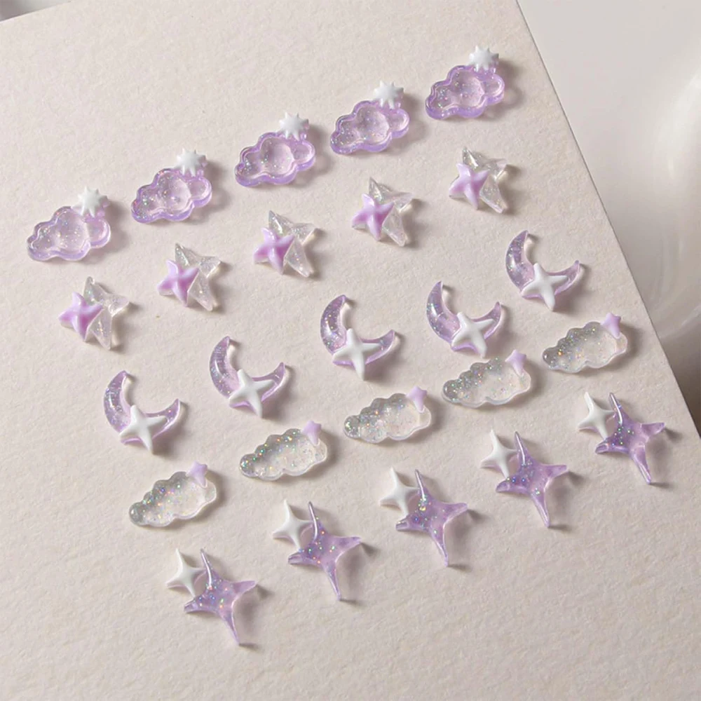 50Pcs Mixed Luminous Cloud Nail Art Charms Cute Clear Purple Stars Moon Resin Nail Decoration DIY Delicate Manicure Accessories