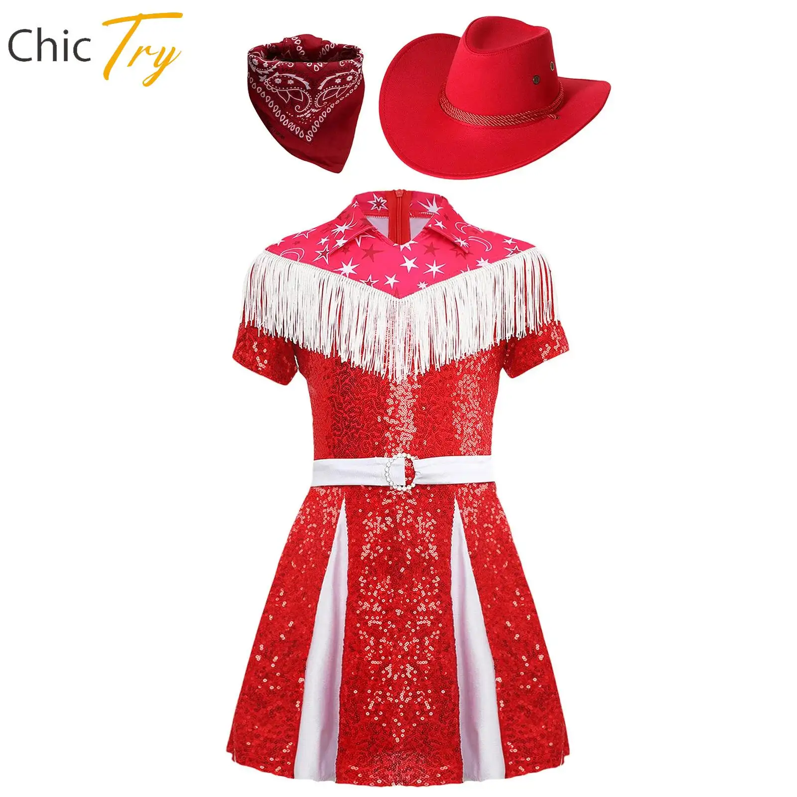 Girl 3Pcs Western Cowgirl Cosplay Costume Sequins Pleated Dress with Cowboy Hat+Bandanna for Christmas Halloween Dress Up Party