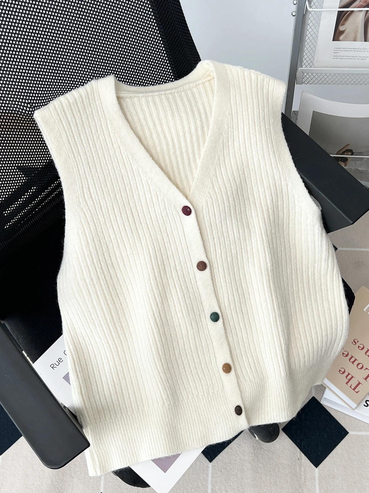 

V-Ne Knitted Vest Women's plus Size Svel Layering Outerwear Sweater Vest Loose Fit Regular Length Pure Color