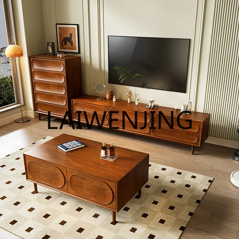 Chinese Ancient Style TV Cabinet and Tea Table Combination Suit Log Style Home Floor TV Side Cabinet