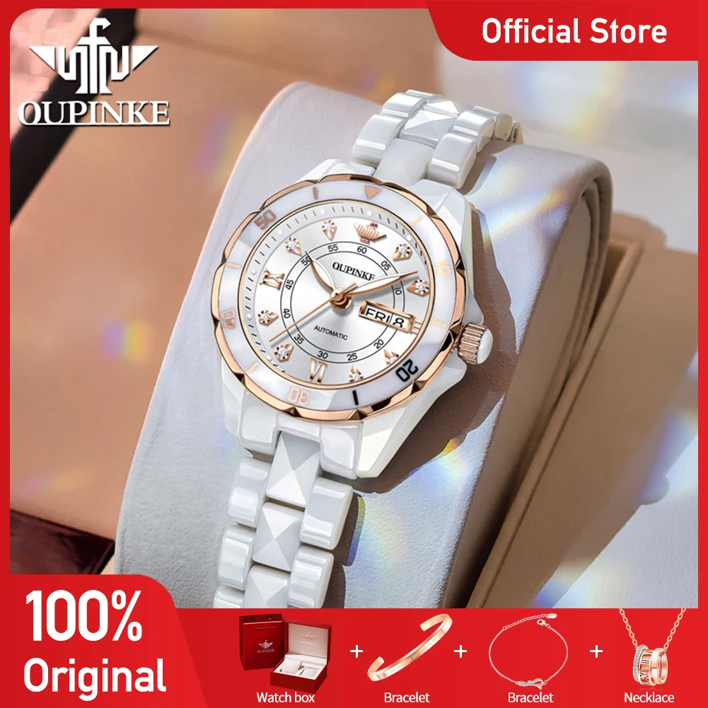 

OUPINKE 3301 Womens Watch Ceramic Steel Luxury Imported Movement Automatic Mechanical Watch Week Date Watches For Women Gifts